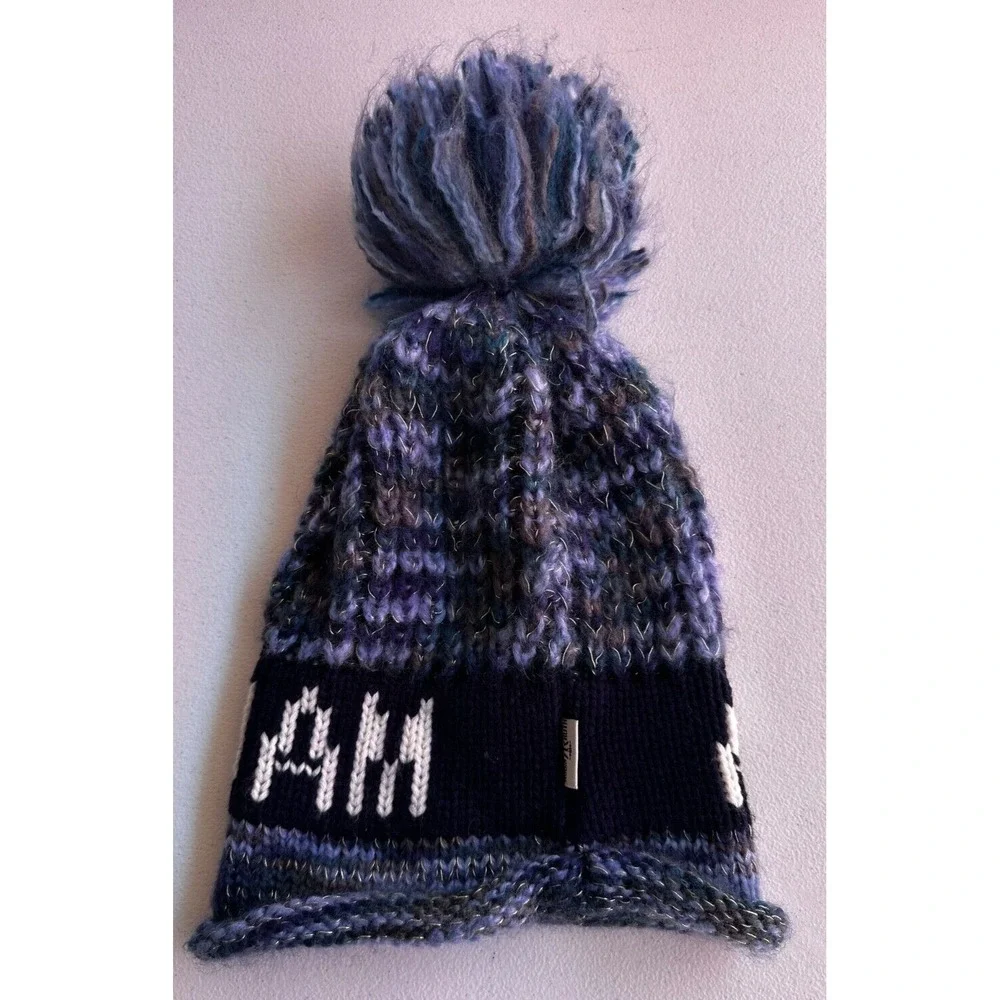 Amsterdam Blue Black Pom Pom Beanie Tassel Slouchy Knit Ski Winter Warm Hat
